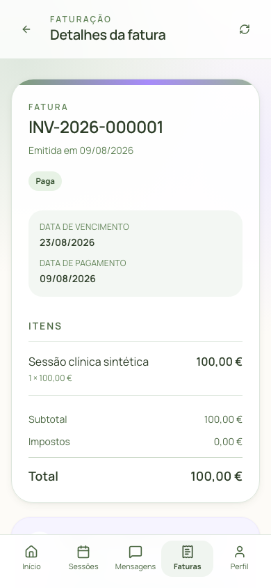 Uma factura emitida com os seus itens e total